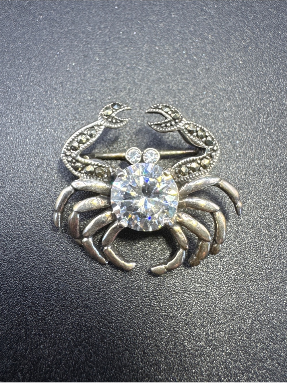 925 Sterling Silver Marcasite Crab Brooch Pin Clear Stone Cancer Zodiac 7.10g